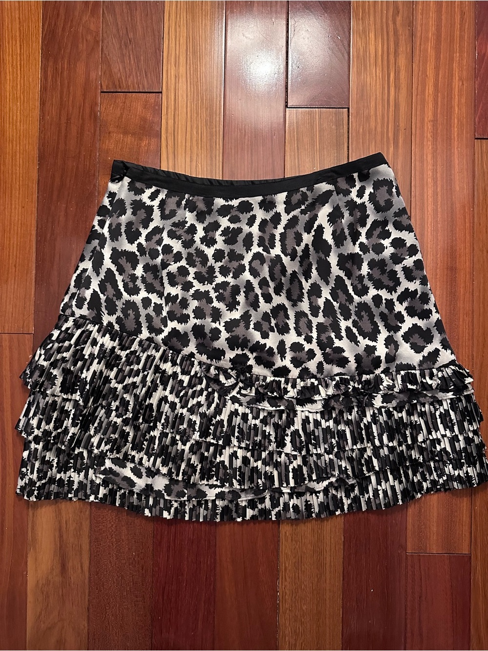 DKNY Black and White Leopard Print Ruffle Mini Skirt